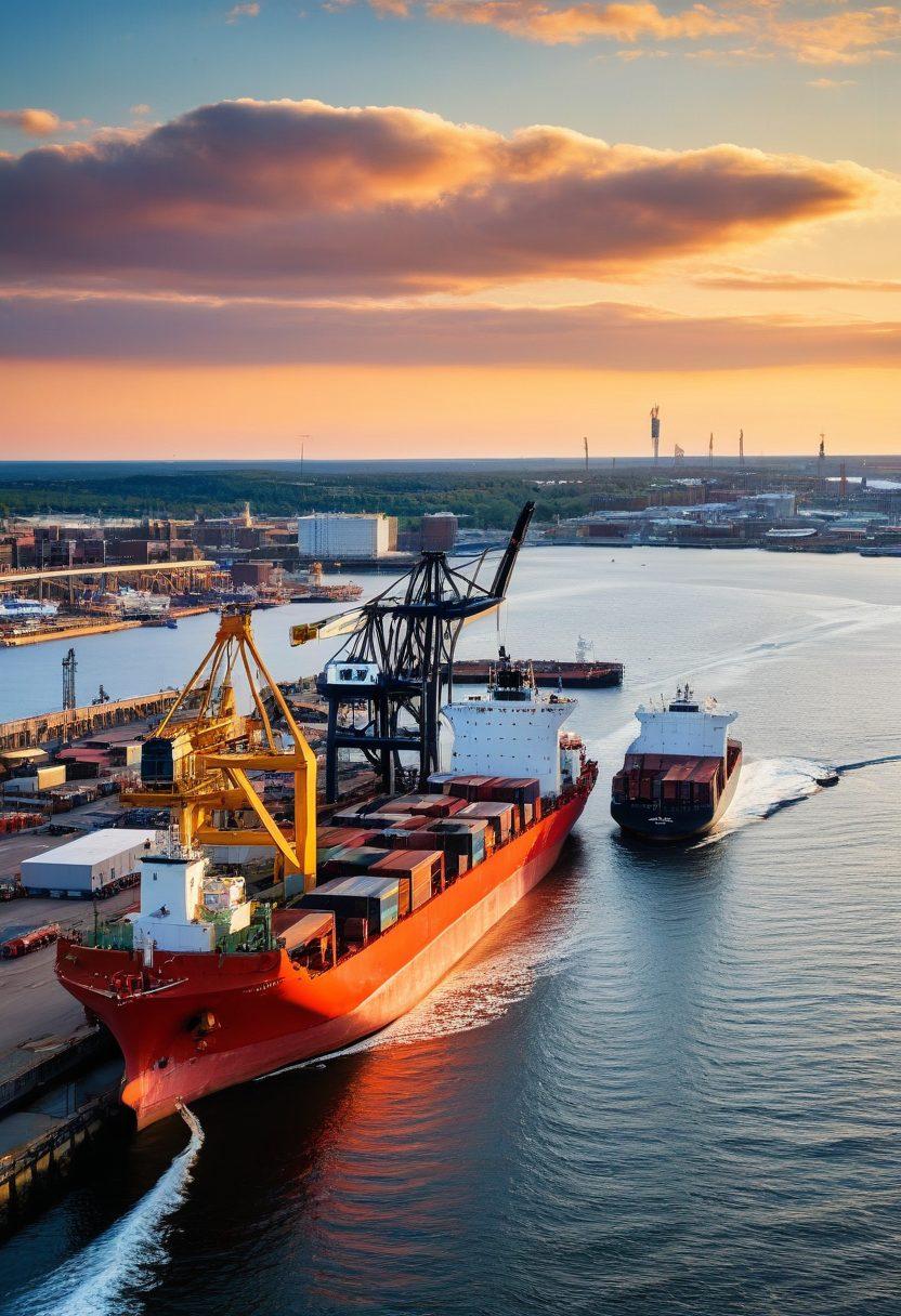 A panoramic view of the bustling Duluth harbor, showcasing large cargo ships being loaded and unloaded, with cranes towering overhead. Include dynamic waves lapping against the docks, seagulls soaring in the clear blue sky, and workers in safety gear coordinating the operations. Capture the essence of maritime logistics, with a vibrant sunset illuminating the scene. super-realistic. vibrant colors. white background.