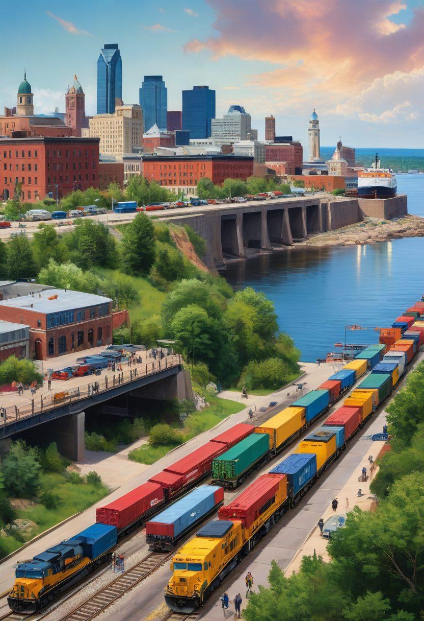 A bustling Duluth skyline with modern transportation modes like trucks, trains, and ships seamlessly integrated, showcasing a vibrant harbor scene. Include a diverse group of people engaged in discussions about logistics, with fresh perspectives evident in their expressions. Highlight greenery and innovative technology elements to symbolize change and progress. super-realistic. vibrant colors. dynamic composition.