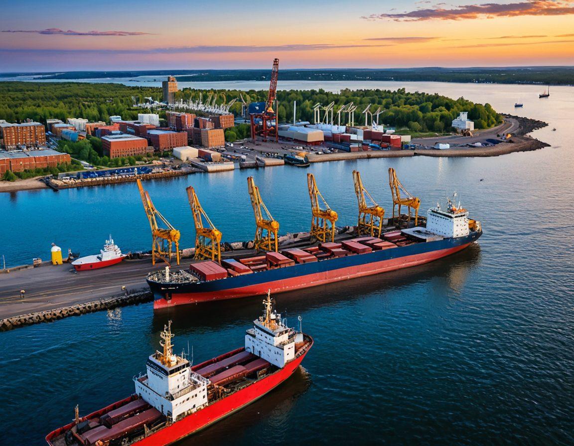 An aerial view of the bustling Duluth harbor, showcasing a mix of cargo ships, cranes, and vibrant waterfront activity. Highlight the contrast between the industrial elements and the serene blue waters of Lake Superior, while including local wildlife like seagulls and sailboats in the distance. Emphasize the interconnectedness of trade and nature, using warm sunset colors to create an inviting atmosphere. super-realistic. vibrant colors. 3D.